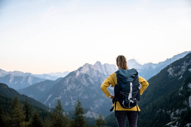istock Female hiker with a backpack resting looking at beautiful mountain view 1778993285