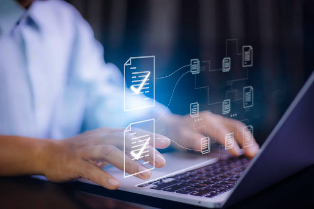 istock Checklist Online Documentation data Management concept. businessman checking mark on checklist online approve sheet. data analysis and Document Management System on Futuristic virtual screen. 1779009255