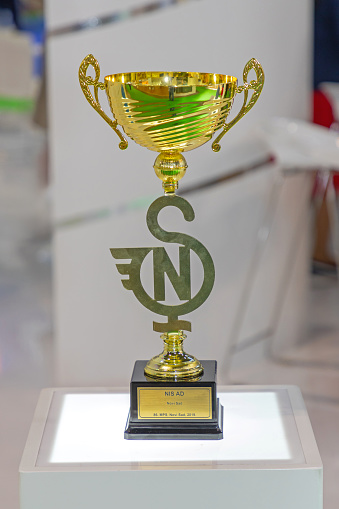 Novi Sad, Serbia - May 11, 2019: Golden Trophy Award Nis Ad at Agriculture Trade Fair.
