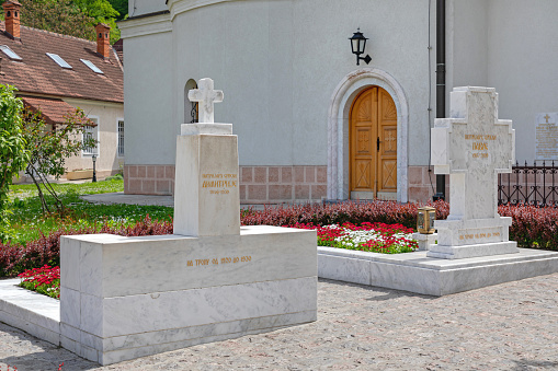 Belgrade, Serbia - May 4, 2019: Graves of Two Serbian Orthodox Church Patriarchs at Monastery Rakovica.