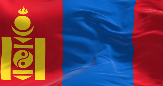 Close-up of Mongolia national flag waving in the wind. Red, blue, red stripes, yellow Soyombo on left red. 3d illustration render. Rippling fabric. Textured background