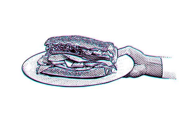 ilustraciones, imágenes clip art, dibujos animados e iconos de stock de sándwich saludable en la mano femenina con la técnica glitch - sandwich ham white background lunch