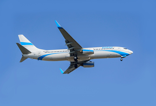 Turkey - Antalya 11.04.2023: Enter Airlines passenger plane lands at Antalya airport.