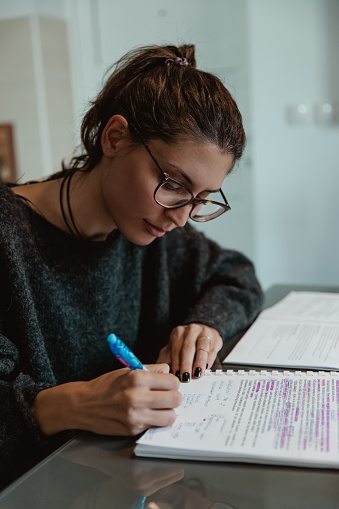 In a pleasant and serene environment, basking in the daylight, A lovely young girl is preparing for a challenging university exam at home.