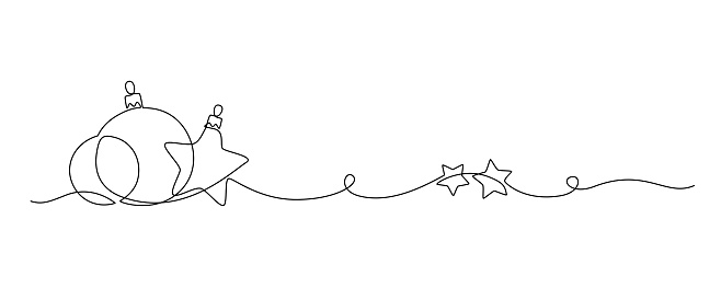 One continuous line drawing of Christmas greeting card. Festive balls and baubles and stars for winter holiday concept in simple linear style. Xmas decor in editable stroke. Doodle vector illustration.