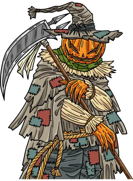 Vector illustration of Halloween Scarecrow with a Scythe Cartoon Clipart