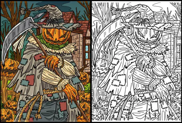 Vector illustration of Halloween Scarecrow Scythe Coloring Illustration