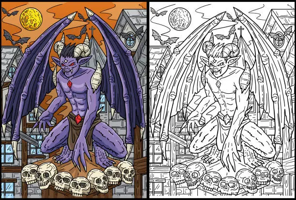 Vector illustration of Halloween Perching Gargoyle Coloring Illustration