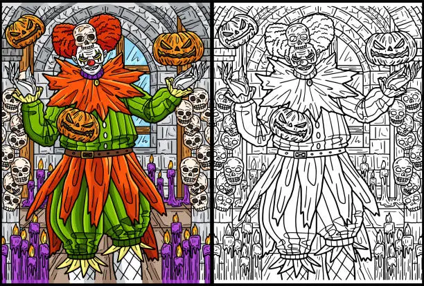 Vector illustration of Halloween Clown Coloring Page Colored Illustration