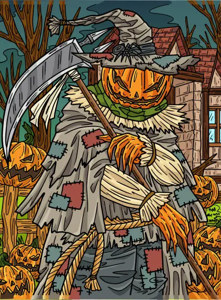 Vector illustration of Halloween Scarecrow with a Scythe Colored Cartoon