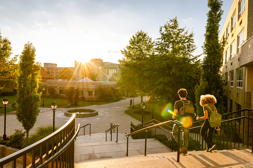 Two university students walk down campus stairs