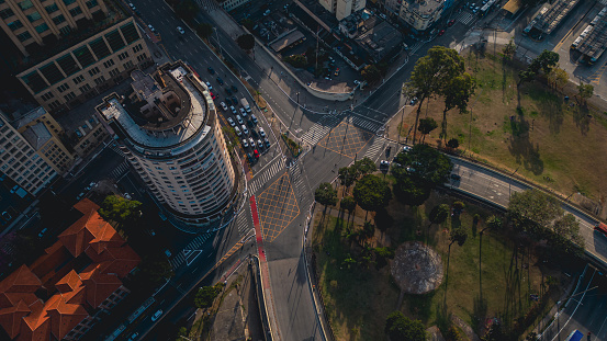 Cars at traffic light in wide landscape aerial photo