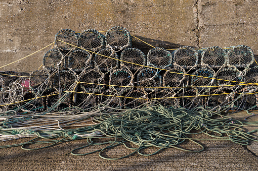 5 November 2023. Findochty, Moray, Scotland. This is Fishing Creels on the Harbour Pier at Findochty. They are used to catch Crabs and Lobsters.