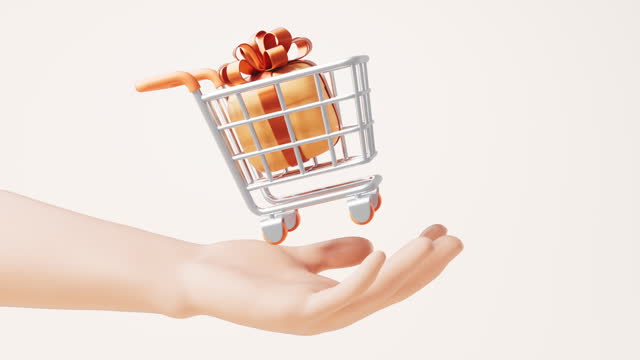 Loop animation of shopping cart in a hand, 3d rendering.