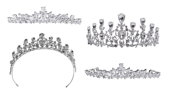 Collage of beautiful silver tiaras with diamonds on white background