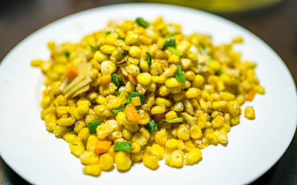 Closeup view of delicious Chinese food fried sweet corn.