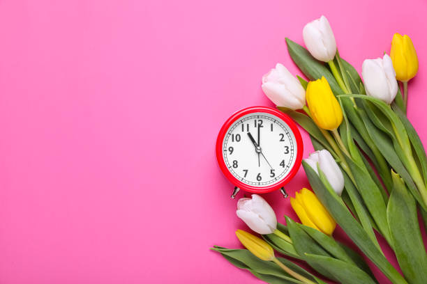 istock Red alarm clock and beautiful tulips on pink background, flat lay with space for text. Spring time 1779179970