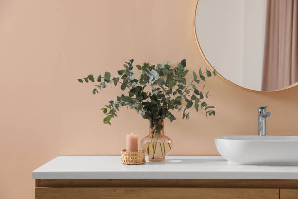 Stylish mirror, eucalyptus branches and vessel sink in modern bathroom. Interior design