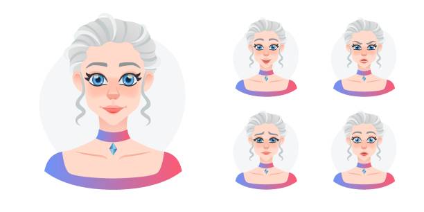 ilustraciones, imágenes clip art, dibujos animados e iconos de stock de conjunto de avatar de niña bonita joven de dibujos animados. hermosa muñeca de ojos azules con expresiones faciales. princesa con cuello de cristal y canas - necklate