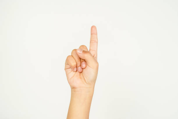 istock Child hand with finger pointing up, pointing at something on white background, hand closed, 1779190850