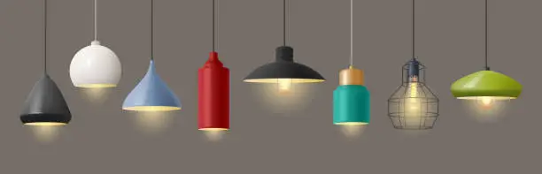 Vector illustration of Lamp for home decoration, isolated pendant light for interior design. Vector realistic shade and bulbs, loft and classic style, modern and contemporary models of illumination for houses