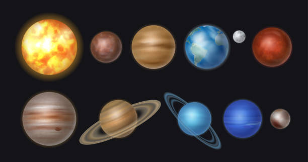 istock Planets of solar system in row, isolated celestial bodies. Vector realistic Sun and Mercury, Venus and Earth, Moon and Mars, Jupiter and Saturn, Neptune and Uranus, pluto and moon 1779194652