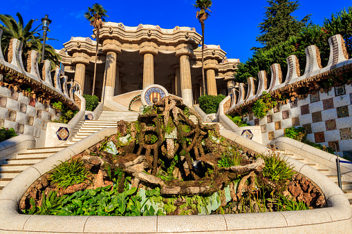 Entrance of Park Guell designed by Antoni Gaudi in Barcelona, Spain