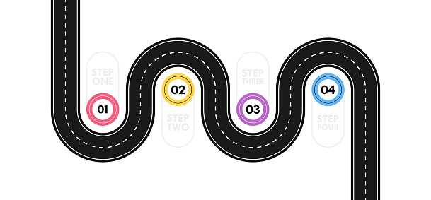 Step Rout Route Infographic Template Winding Asphalt Road Map With Four Steps ...