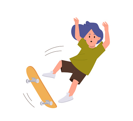Little child cartoon character screaming falling down from skateboard isolated on white background. Frightened unhappy kid tumbling from longboard after doing trick stunt vector illustration