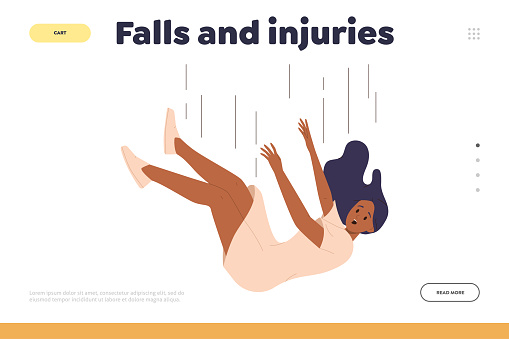 Falls and injuries concept for landing page template with young woman cartoon character tumbling down from height design. Website vector illustration advertising health insurance online service