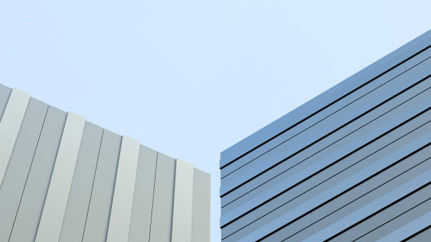 Wall, architectural minimal modern building design. Construction style, buildings with reflection. Abstract structure against the sky, wallpaper, banner. 3D render