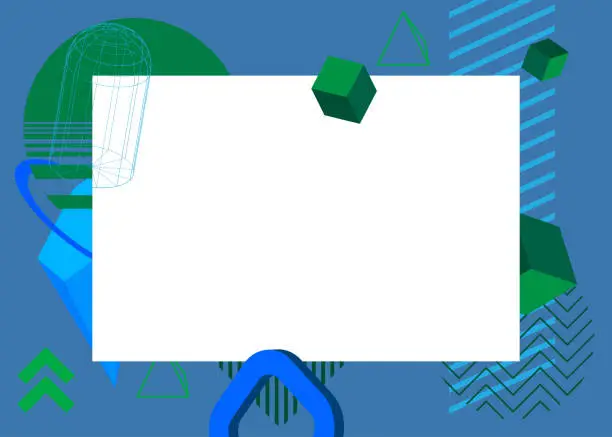 Vector illustration of Blue and green geometrical graphic retro theme background with white place for text. Minimal geometric elements frame. Vintage abstract shapes vector illustration for advertising.