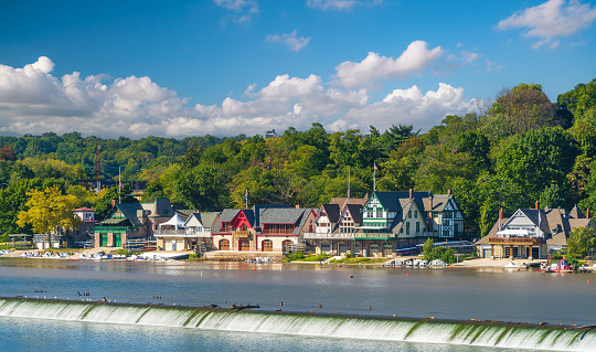 Boat House Row in Philadelphia PA, USA with blue sky