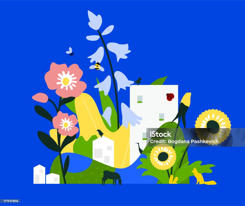 Rewilding Cartoon Rewilding Vector Illustration Oversized Flowers Animals And Birds ...