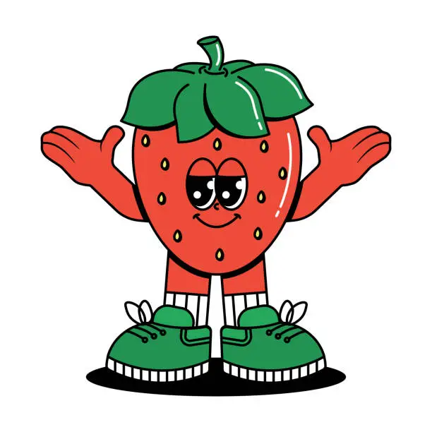 Vector illustration of Cute character Strawberry in groovy cartoon style. Trendy and modern illustration with funky comic mascot. Red, green colors of fruit. 70s, 80s retro vibes. Vector