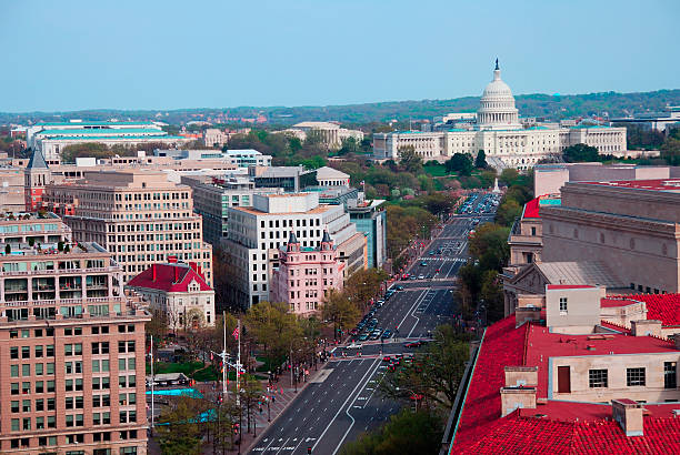 capitol hill building, washington dc vista aerea - washington street foto e immagini stock