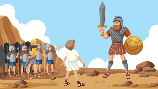 David fights Goliath in a religious biblical showdown