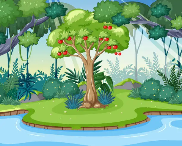 Vector illustration of Garden of Eden: A Lush Paradise with a Central Apple Tree