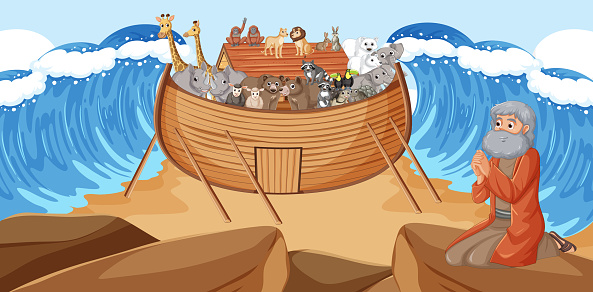 Illustration of Moses praying on a rock while Noah's Ark sails through the parted sea with loaded wild animals