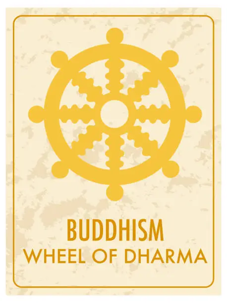 Vector illustration of Yellow Card with Wheel of Dharma: A Buddhist Symbol