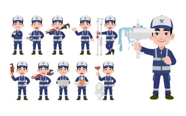 Vector illustration of Set of plumber with different poses