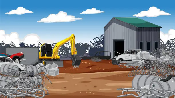 Vector illustration of Scrapyard Junkyard: An Outdoor Scene of Abandoned Objects