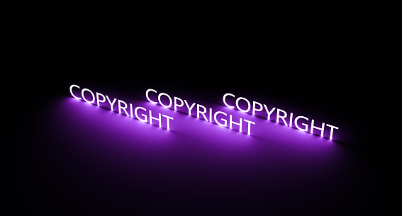 COPYRIGHT neon text. Copyright glowing abstract acronym, inscription on black background, banner. 3D render