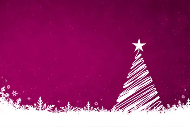 Vector illustration of White colored snow and snowflakes at the bottom of a vibrant magenta fucshia pink or purple color horizontal Xmas festive vector backgrounds with one Christmas tree and star at the top