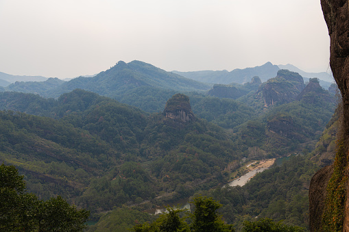 Uniquely shaped rocks around Wuyishan Scenic area, Fujian, China. The photo taken from Da Wang Peak, copy space for text