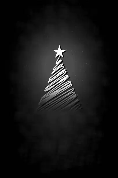 Vector illustration of White colored triangle shaped abstract scribbled abstract triangle shape Christmas tree by scribbling and one star at the top of a dark black blank glittering vertical Xmas festive vector backgrounds with dots for stars all over like chalk drawing