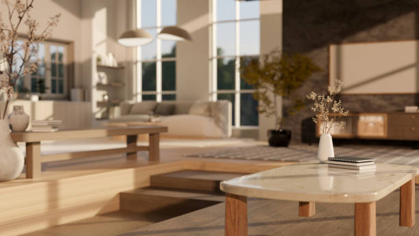 istock Copy space on a coffee table in a beautiful, modern spacious living room. close-up image 1779477189