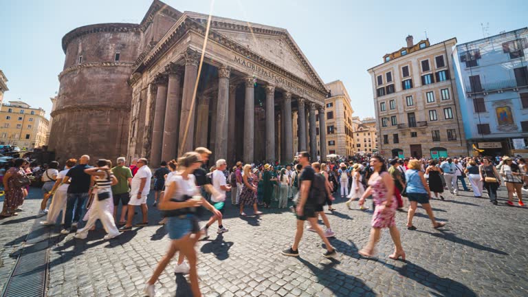 Time lapse of Crowd of People tourist walking and sightseeing attraction at Pantheon Roman temple around Piazza della Rotonda sqaure in summer in Rome, Italy