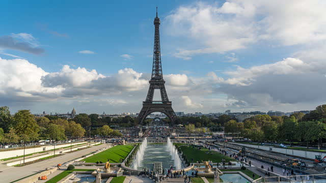 Time lapse of Crowded people Tourist walking and transportation traffic around Eiffel tower in summer season, on the Champ de Mars in Paris, France
