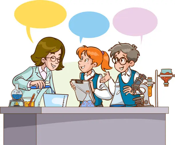 Vector illustration of Teacher and students working in a chemistry class. Cartoon vector illustration.